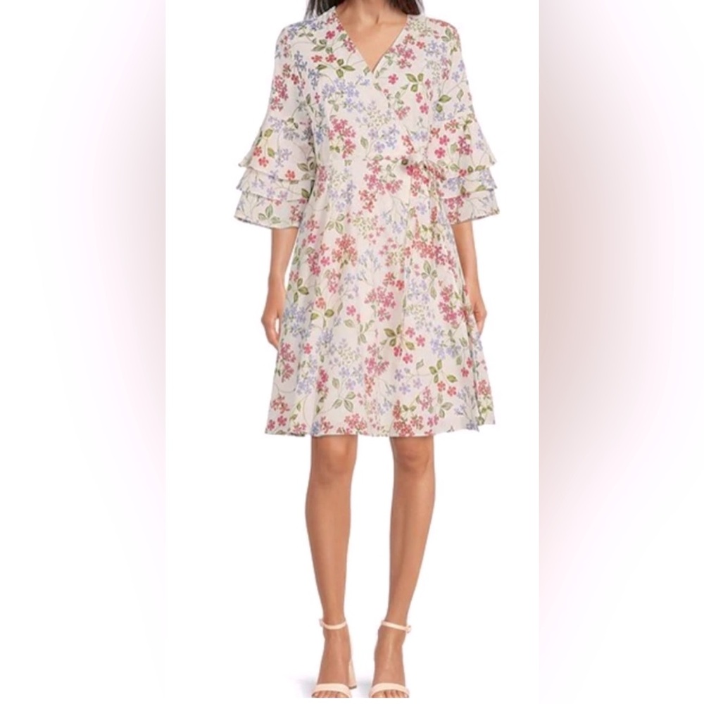 💙💙🌼NWT Calvin Klein Pink and Orange Ruffled Tie Front Midi Dress